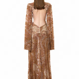 Beige Velvet Flare Sleeved Gown With Chiffon Print And Mirror Embellishment