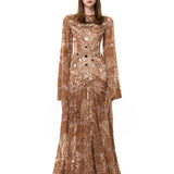 Beige Velvet Flare Sleeved Gown With Chiffon Print And Mirror Embellishment