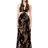 Black Velvet V-Neck Maxi Dress With Chiffon Print