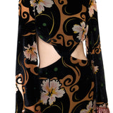 Velvet Maxi Dress With Chiffon Print, Flared Sleeves And Copper Crystal Tassels