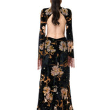 Velvet Maxi Dress With Chiffon Print, Flared Sleeves And Copper Crystal Tassels
