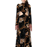 Velvet Maxi Dress With Chiffon Print, Flared Sleeves And Copper Crystal Tassels