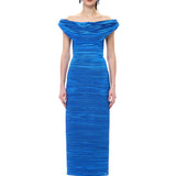 Blue Satin Pleated Cowl-Neckline Midi Dress