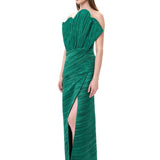 Satin Pleated Midi Dress With Fan Neckline Corset