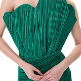 Satin Pleated Midi Dress With Fan Neckline Corset