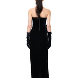 Black Velvet Corset Dress With Organza Flower Detail