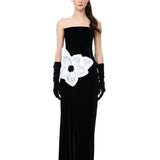 Black Velvet Corset Dress With Organza Flower Detail