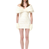 Ecru Pleated Lace Mini Dress With Bow Detail
