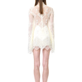 Ecru Mini Lace Dress With Flared Sleeves, Crystal Tassels And Beaded Buttons