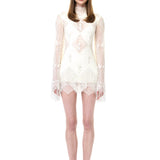 Ecru Mini Lace Dress With Flared Sleeves, Crystal Tassels And Beaded Buttons