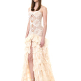 Ecru Lace Gown With Organza Laser-Cut Skirt And Embroidered Tassel Buttons