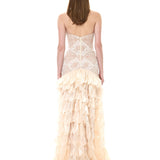 Ecru Lace Gown With Organza Laser-Cut Skirt And Embroidered Tassel Buttons