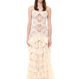 Ecru Lace Gown With Organza Laser-Cut Skirt And Embroidered Tassel Buttons