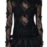 Black Lace Mini Dress With Organza Feathers And Beaded Tassels