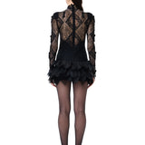 Black Lace Mini Dress With Organza Feathers And Beaded Tassels