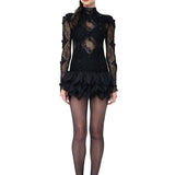 Black Lace Mini Dress With Organza Feathers And Beaded Tassels