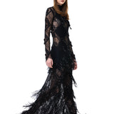 Black Lace Dress With Sequined Fringe Skirt And Beaded Tassels