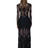 Black Lace Dress With Sequined Fringe Skirt And Beaded Tassels