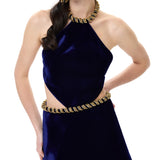 Navy Velvet Mini Halter Neck Dress With Crystal Rope Detail