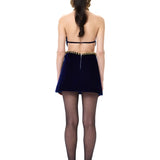 Navy Velvet Mini Halter Neck Dress With Crystal Rope Detail