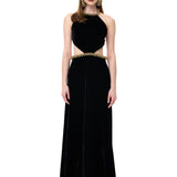 Black Velvet Halter Neck Maxi Dress With Crystal Rope Detail