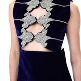 Sapphire Velvet Mini Dress With Crystal Floral Embroidery Décolleté