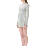 Iridescent Crystal-Embellished Mesh Mini Dress