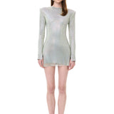 Iridescent Crystal-Embellished Mesh Mini Dress