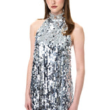 Silver Sequin Mini Dress With Crystal Necklace Detail