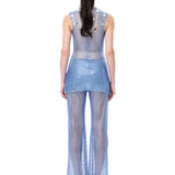 Blue Crystal-Embellished Mesh Pants