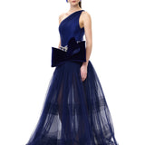 Navy Tulle Black Velvet Polka-Dot Printed Maxi Gown With Velvet Bow And Crystal Belt