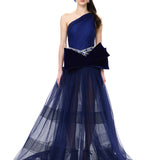 Navy Tulle Black Velvet Polka-Dot Printed Maxi Gown With Velvet Bow And Crystal Belt