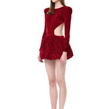 Red Stretchy Patterned Velvet Mini Dress With Balloon Skirt