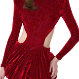 Red Stretchy Patterned Velvet Mini Dress With Balloon Skirt