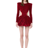 Red Stretchy Patterned Velvet Mini Dress With Balloon Skirt
