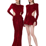 Red Stretchy Patterned Velvet Mini Dress With Balloon Skirt