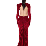 Red Stretchy Patterned Velvet Maxi Dress With Draped Detail