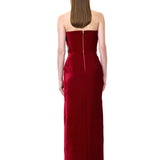 Red Velvet Sculptural Maxi Dress With Crystal Floral Embroidery Corset