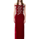 Red Velvet Sculptural Maxi Dress With Crystal Floral Embroidery Corset