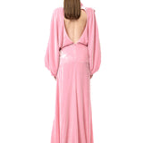 Silk Velvet Turtleneck Gown With Ruched Sleeves And Crystal Flower Embroidery