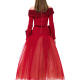 Red Tulle Velvet Polka-Dot Printed Maxi Gown With Crystal Mesh Bow At Neckline