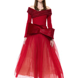 Red Tulle Velvet Polka-Dot Printed Maxi Gown With Crystal Mesh Bow At Neckline
