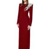 Red Velvet Maxi Dress With Crystal Accessory