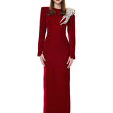 Red Velvet Maxi Dress With Crystal Accessory