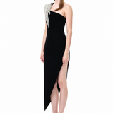 Black One-Shouldered Velvet Dress With Crystal Accessory