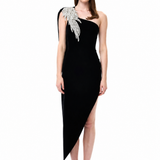 Black One-Shouldered Velvet Dress With Crystal Accessory