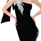 Black One-Shouldered Velvet Dress With Crystal Accessory And Feather Trim