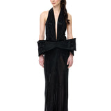 Black Crystal-Embellished Mesh V-Neck Maxi Dress With Bow Detail And Front Slit