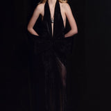 Black Crystal-Embellished Mesh V-Neck Maxi Dress With Bow Detail And Front Slit