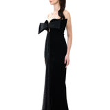Asymmetric Black Velvet Dress With Crystal Mesh Bow Detail